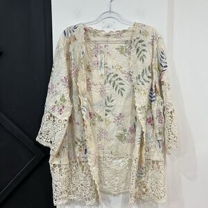 Solitaire Floral Embroidered Crochet Kimono Wrap Size 2X Plus Boho Cottage